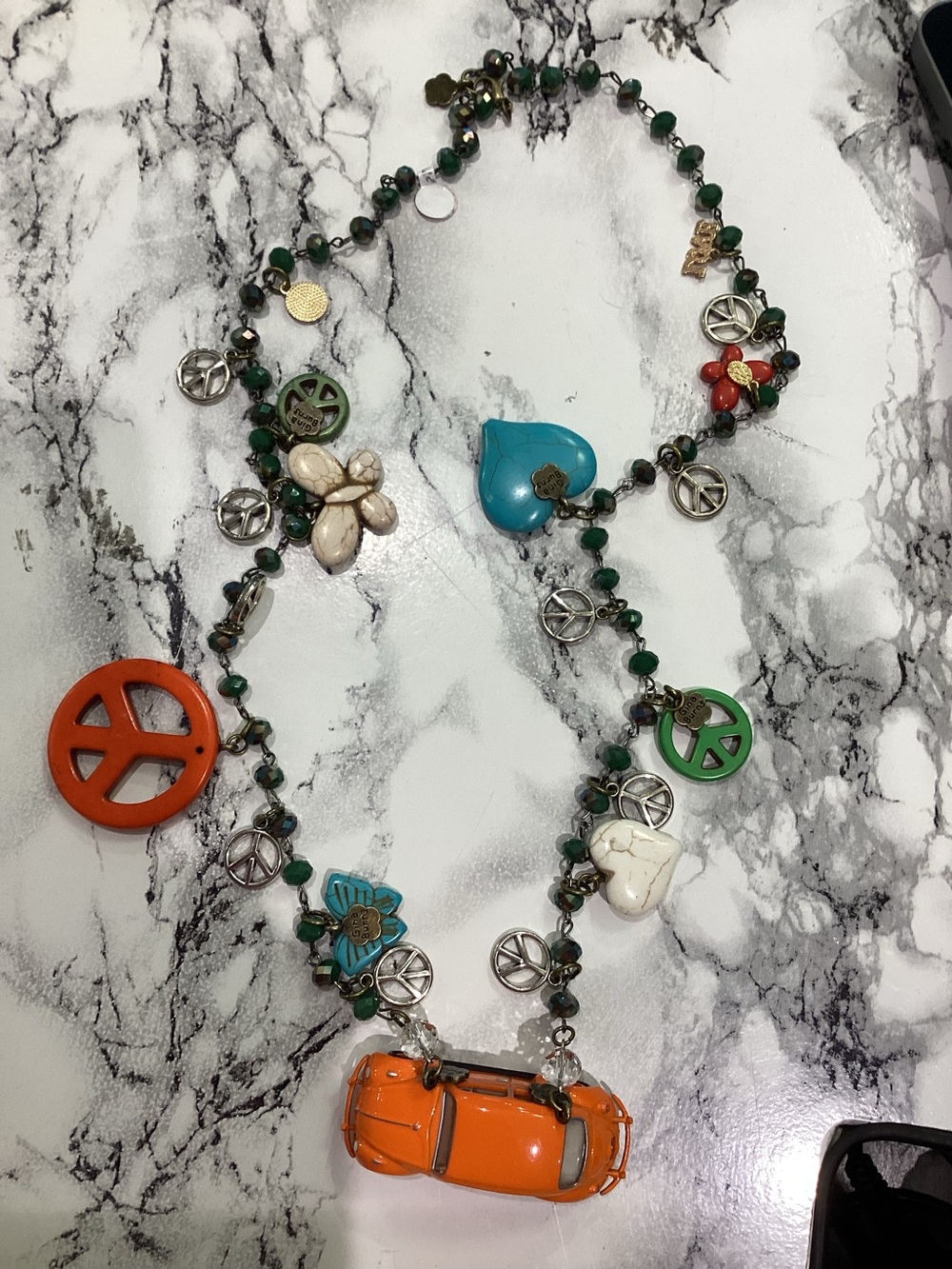 Boho Multi-Color Peace Sign and Flower Beaded Necklace With Antique VW Beetle